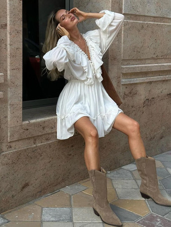 フリルショートドレス Vネック 長袖 ドローストリング カジュアルドレス