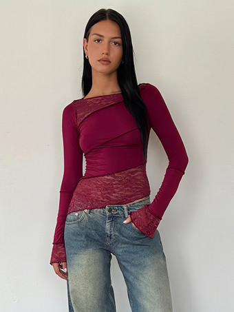 ワインレッド ブラック T シャツ レース 長袖 ボートネック アシンメトリー レイヤード トップ