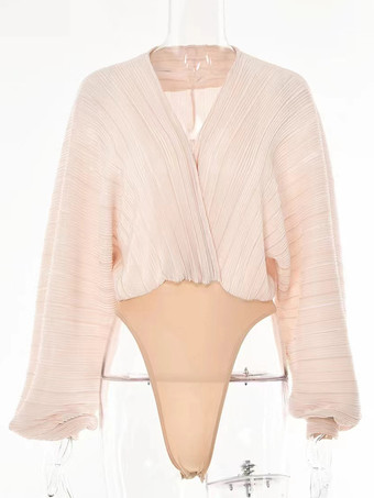 女性のための長袖ボディスーツ グレー プリーツ V ネック セクシーなトップ