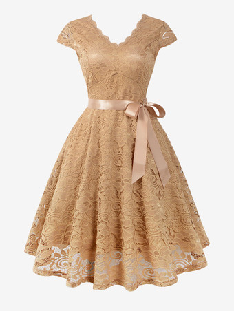 Vintage Lace Dress 1950s V Neck Cap Sleeve Bow Sash Retro Swing Dress