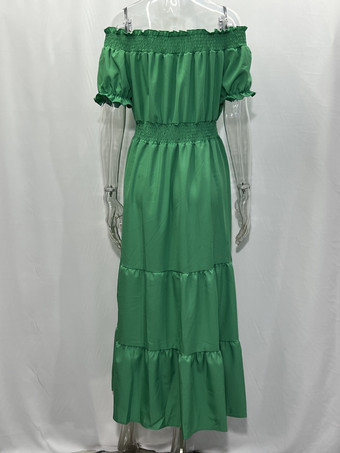 ボヘミアンドレス オフショルダー プリーツ ティアード カジュアル サマー マキシドレス