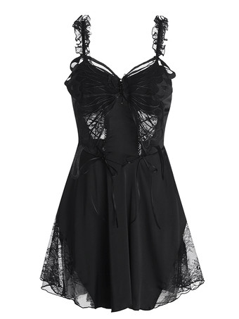 ベビードール ランジェリー女性ベビードール ブラック レースアップ背中の開いたサテン生地セクシーな