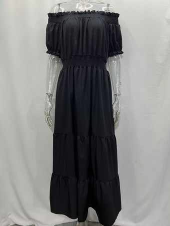 ボヘミアンドレス オフショルダー プリーツ ティアード カジュアル サマー マキシドレス