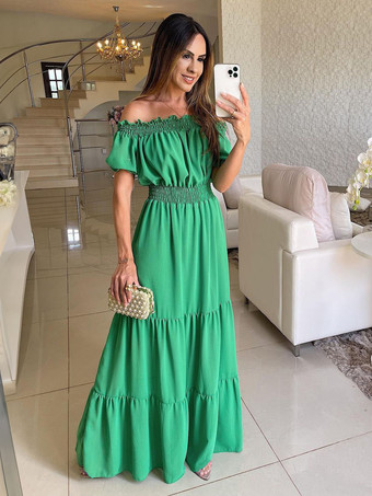 グリーン ボヘミアンドレス オフショルダー プリーツ ティアード カジュアル サマー マキシドレス