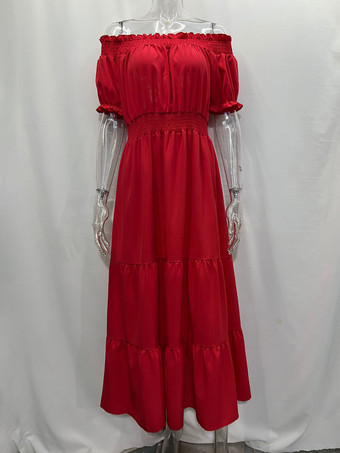 ボヘミアンドレス オフショルダー プリーツ ティアード カジュアル サマー マキシドレス