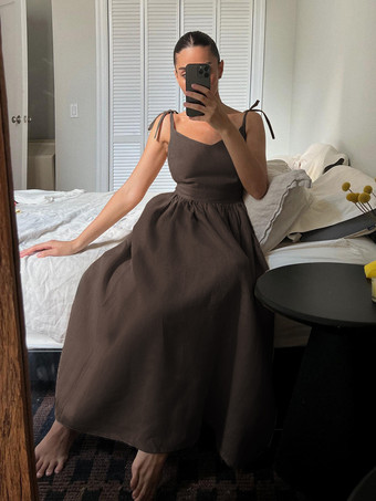 ブラウン ボヘミアンドレス Vネック ノースリーブ バックレス カジュアル サマービーチドレス