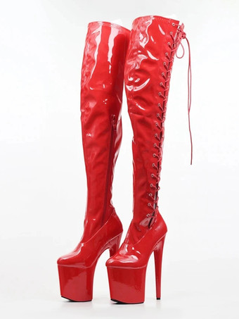 セクシーなハイヒールブーツラウンドトゥレースアップジッパースチレットヒールレイブクラブレッド太ももハイブーツストリッパーブーツ ポールダンスシューズ