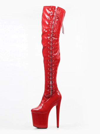 セクシーなハイヒールブーツラウンドトゥレースアップジッパースチレットヒールレイブクラブレッド太ももハイブーツストリッパーブーツ ポールダンスシューズ