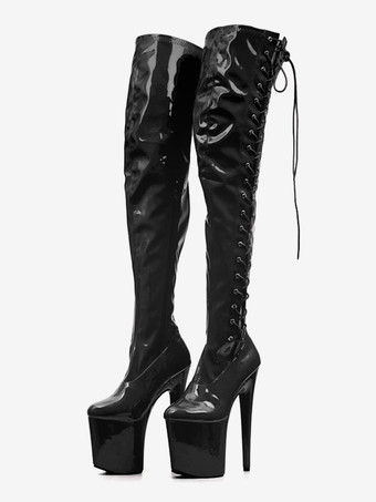 セクシーなハイヒールブーツラウンドトゥレースアップジッパースチレットヒールレイブクラブレッド太ももハイブーツストリッパーブーツ ポールダンスシューズ