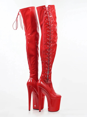 セクシーなハイヒールブーツラウンドトゥレースアップジッパースチレットヒールレイブクラブレッド太ももハイブーツストリッパーブーツ ポールダンスシューズ