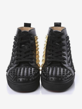 メンズ ブラッド ゴールド スパイク ラウンドトゥ レースアップ ハイトップ プロム パーティー スニーカー