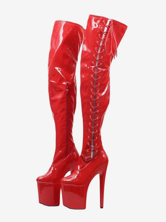 セクシーなハイヒールブーツラウンドトゥレースアップジッパースチレットヒールレイブクラブレッド太ももハイブーツストリッパーブーツ ポールダンスシューズ