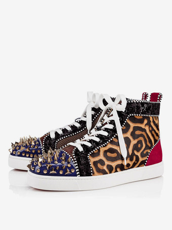 Mens Leopard Print Round Toe Lace Up High Top Sneakers with Rivets