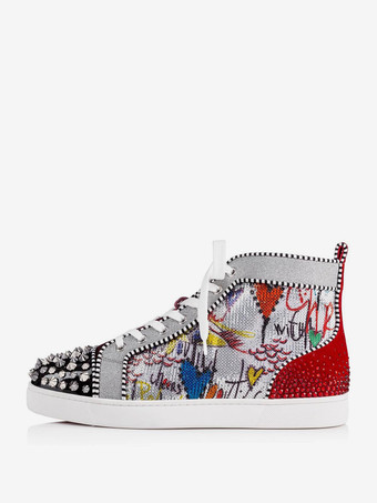 メンズ スパイク ラウンドトゥ レースアップ ハイトップ プロム パーティー スニーカー シューズ アートワークプリント付き