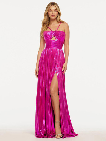 ローズレッドプロムドレス ポリエステル デザインネックライン Aライン ノースリーブ プリーツ パーティードレス