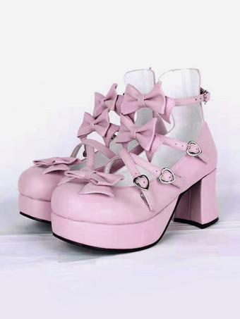 ロリィタシューズ　スウィート　チャンキーヒール　靴　リボン　丸いつま先　ラウンドトゥ