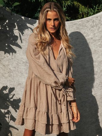 ブラウン ボヘミアンドレス サッシュ Vネック 長袖 オーバーサイズ ビーチドレス