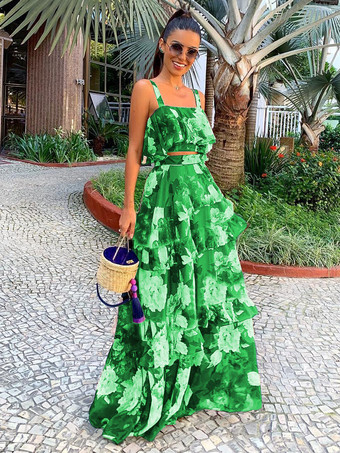 グリーン ノースリーブクロップトップとティアードハイウエストスカートのプリントリゾート2ピースコーデセット2025