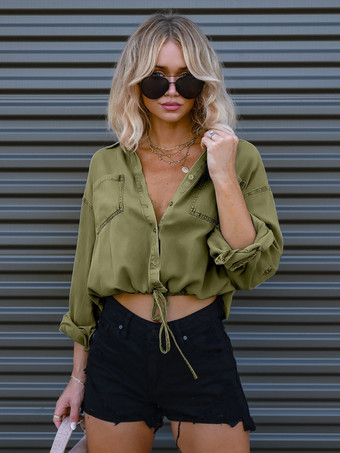 オリーブカラーデニムブラウス ドロップショルダー 長袖 ボタン レースアップ トップス