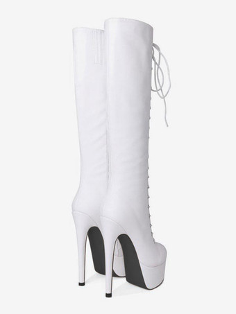 ロングブーツ ラウンドトゥ レディースブーツ ピンヒール ブラック PU シューズ 16cm 無地 レースアップ アウトドア 5.5cm レディース靴