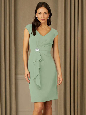 セージグリーンブライダルマザードレス Vネック半袖プリーツラインストーン詳細ゲストドレス結婚式用