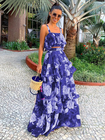 パープル ノースリーブクロップトップとティアードハイウエストスカートのプリントリゾート2ピースコーデセット2025