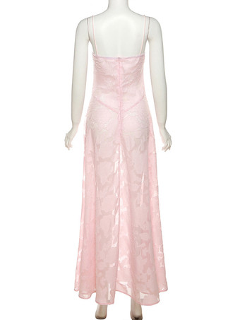 パーティードレス ピンク ストラップネック ノースリーブ 花柄 シアー セミフォーマルドレス