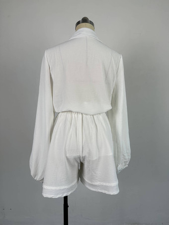 ホワイト 長袖 ブラウス ショートパンツ カジュアル 2点セット