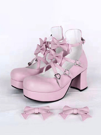 ピンク ロリィタシューズ　スウィート　チャンキーヒール　靴　リボン　丸いつま先　ラウンドトゥ