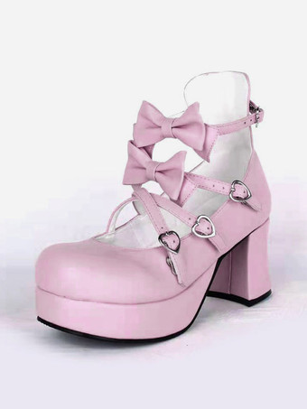 ロリィタシューズ　スウィート　チャンキーヒール　靴　リボン　丸いつま先　ラウンドトゥ