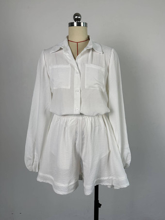 ホワイト 長袖 ブラウス ショートパンツ カジュアル 2点セット