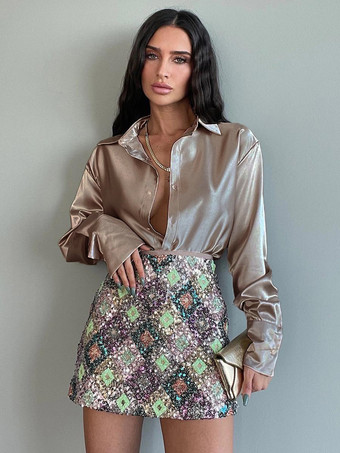 ブラウン 長袖ブラウス ボタン ビジネスカジュアル 春秋 ブラウス 無地