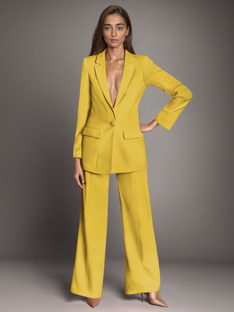 イエロープレーンノッチドラペルボタンブレザービジネスカジュアル2ピースセット