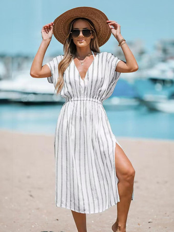 ホワイト ボヘミアンドレス Vネック 半袖 ストライプ ハイスリット ドローストリング サマードレス