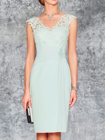 マザードレス Vネック ノースリーブ シース レース 膝丈 ゲストドレス 結婚式用 無料カスタマイズ