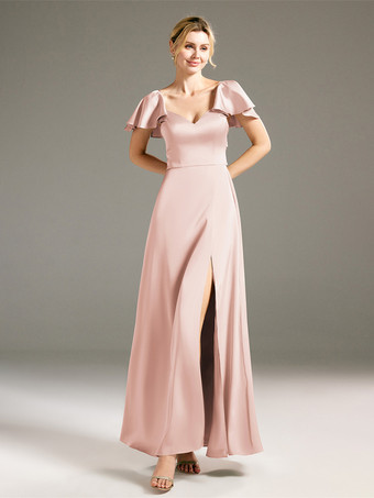 Rosa ligeroVestidos de dama de honor Corte A Hasta el suelo Sin espalda Vestido de fiesta de boda de tela satinada