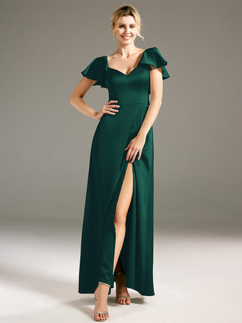 Verde oscuroVestidos de dama de honor Corte A Hasta el suelo Sin espalda Vestido de fiesta de boda de tela satinada