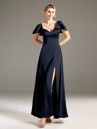 Azul marino oscuro  Vestidos de dama de honor Corte A Hasta el suelo Sin espalda Vestido de fiesta de boda de tela satinada