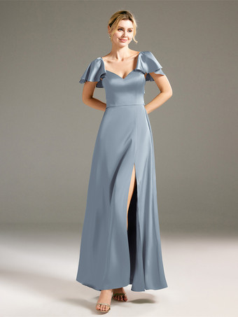 azul-gris Vestidos de dama de honor Corte A Hasta el suelo Sin espalda Vestido de fiesta de boda de tela satinada