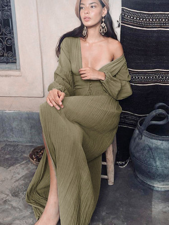 マキシドレス Vネック長袖フロアレングスドレス