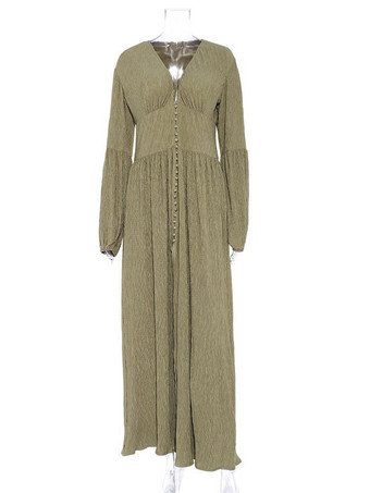 マキシドレス Vネック長袖フロアレングスドレス