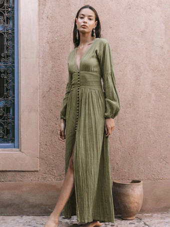 グリーン マキシドレス Vネック長袖フロアレングスドレス
