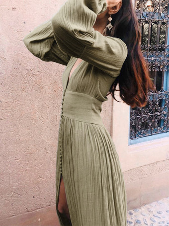 マキシドレス Vネック長袖フロアレングスドレス