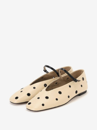 レディース バレエフラット ブラック ラウンドトゥ カットアウト バックル ストラップ フラットシューズ