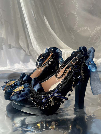 Chaussures Lolita douces nœuds chaînes de dentelle bout rond cuir PU noir talon épais chaussures Lolita