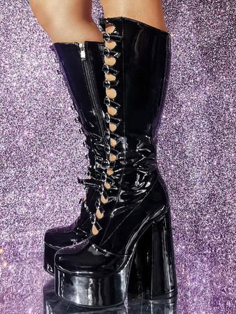 ピンク ニーハイ ブーツ パテント PU アッパー プラットフォーム チャンキー ヒール バックル ディテール セクシー ブーツ