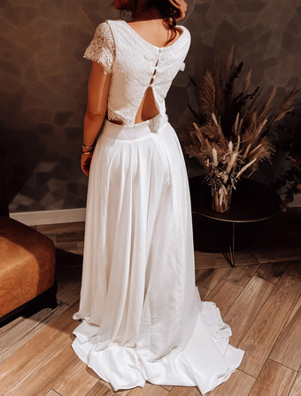 ツーピース ウェディングドレス サテン生地 レース ジュエルネック ツーピース バックレス 半袖 アイボリー