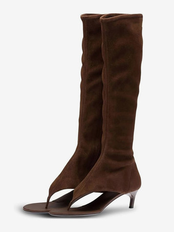 ブラウン ブラック ミッドカーフブーツ レディース オープントゥ フリップフロップ キトンヒール エラスティックサンダルブーツ