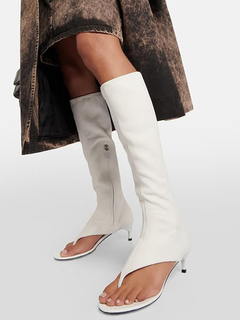 ブラック ミッドカーフブーツ レディース オープントゥ フリップフロップ キトンヒール エラスティックサンダルブーツ