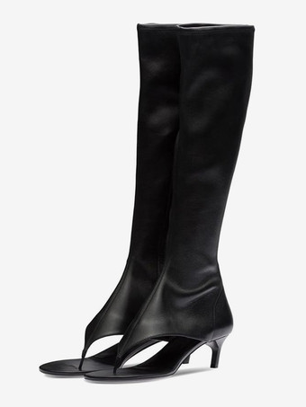 Black Mid Calf Boots Women's Thong Kitten Heel Sandal Boots